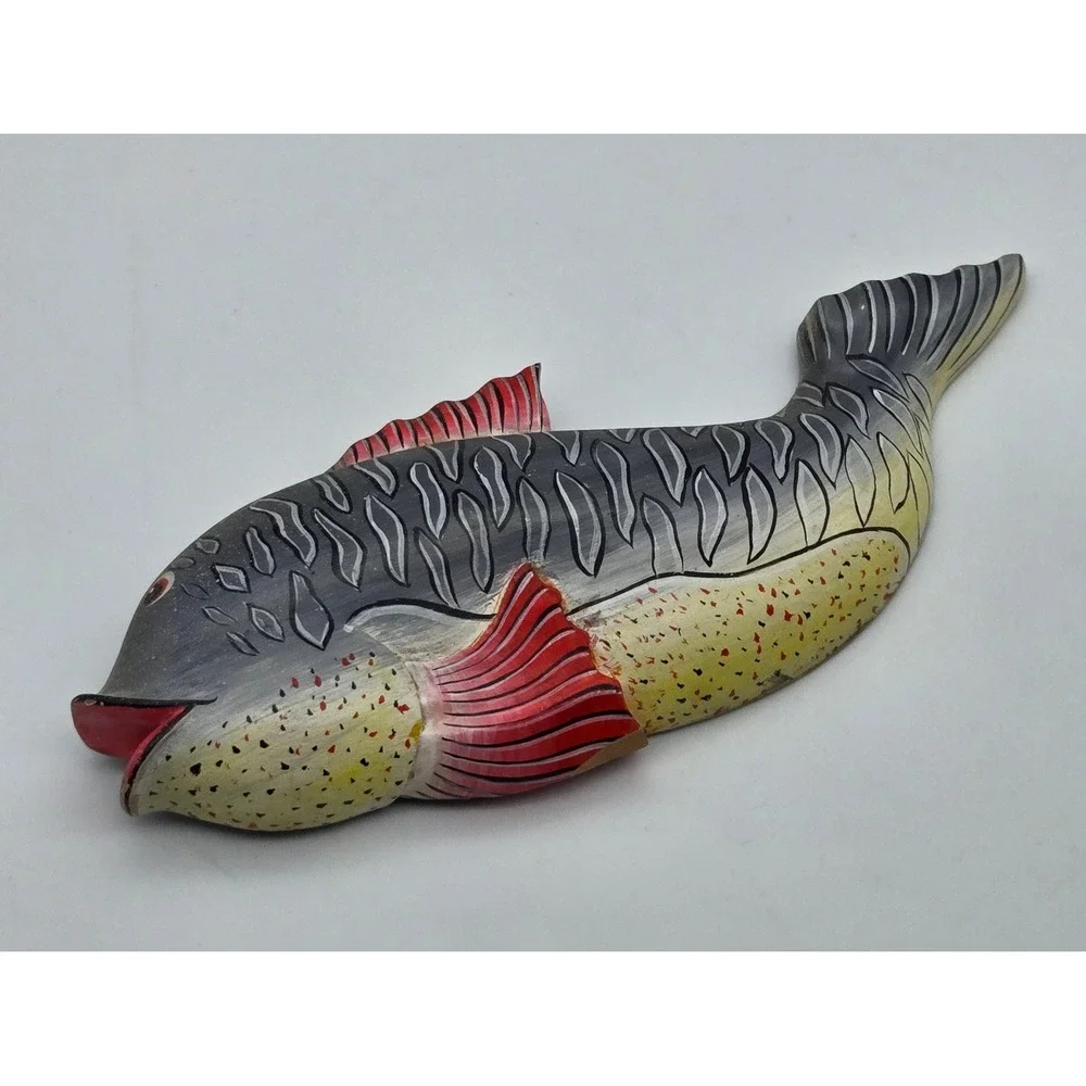 Fish Carved Wooden Wall Art 8.5in Painted Nautical Coastal Decor Rustic Folk Art